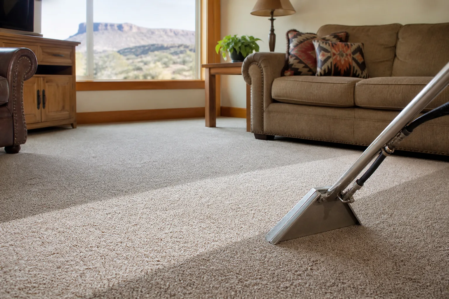 Carpet cleaner vacuuming a living room carpet for a Grand Junction CO home