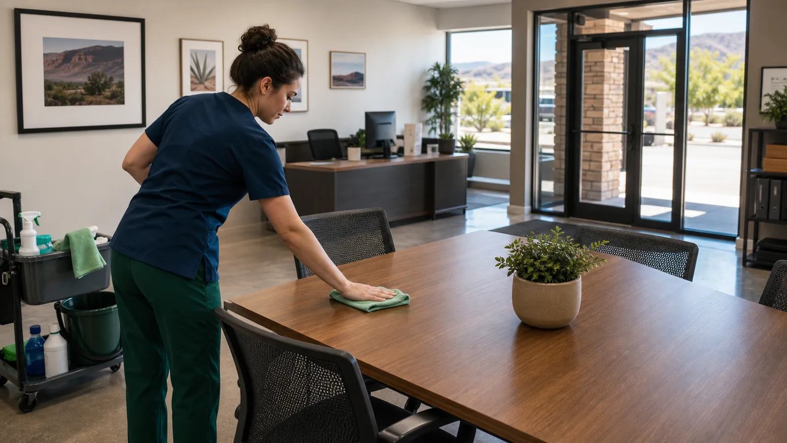Commercial cleaning worker wiping a table in a Grand Junction CO business