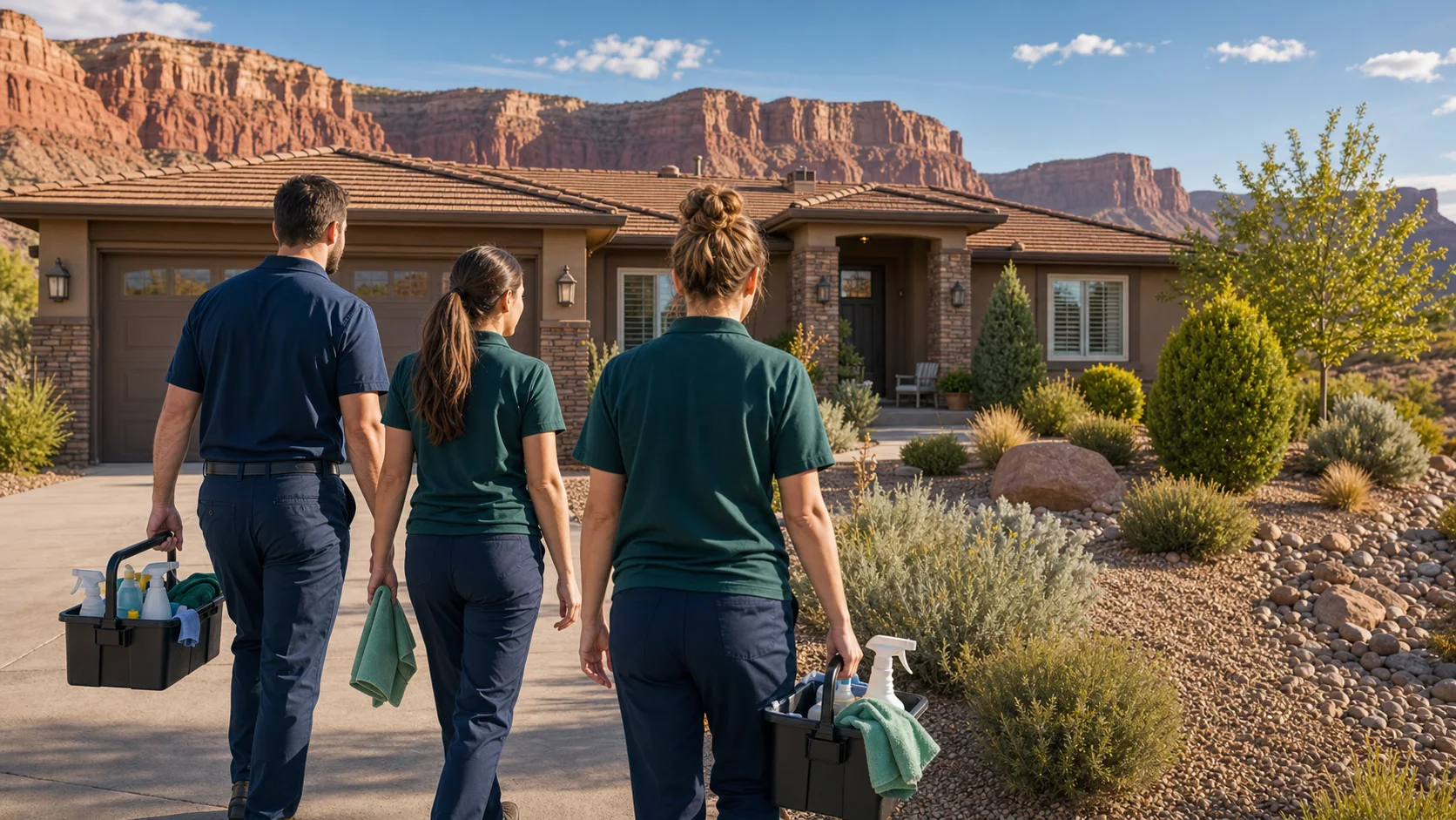 Professional cleaning crew walking up a Grand Junction CO driveway toward a ranch-style home